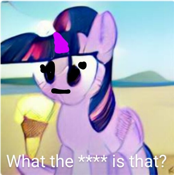 Size: 642x644 | Tagged: safe, dall·e mini, derpibooru import, machine learning generated, twilight sparkle, pony, unicorn, :i, beach, caption, food, i mean i see, ice cream, image, jpeg, neural network abomination, solo, text, unicorn twilight, vulgar, what has science done, wtf