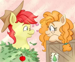 Size: 2000x1653 | Tagged: safe, artist:nedemai, derpibooru import, bright mac, pear butter, earth pony, pony, apple, atg 2022, brightbutter, female, food, image, jpeg, male, newbie artist training grounds, pear, shipping, straight