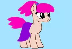 Size: 1102x748 | Tagged: safe, artist:disneyponyfan, derpibooru import, ponified, earth pony, pony, 1000 hours in ms paint, black sclera, blue background, clothes, cyan background, female, g4, image, mare, ms paint, pink hair, pink mane, pink tail, pinky dinky doo, pinky dinky doo (character), png, ponytail, purple skirt, simple background, skirt, smiling, solo, tail