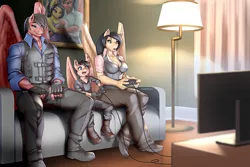 Size: 1259x839 | Tagged: safe, artist:pakwan008, derpibooru import, oc, unofficial characters only, anthro, pegasus, bedroom eyes, body armor, boots, breasts, clothes, commission, controller, couch, detailed background, digital art, family, father and child, father and son, female, fingerless gloves, gloves, husband and wife, image, jacket, jpeg, living room, male, mother and child, mother and son, pants, pegasus oc, shirt, shoes, sitting, tail, television, thighs, video game, wide hips, wings