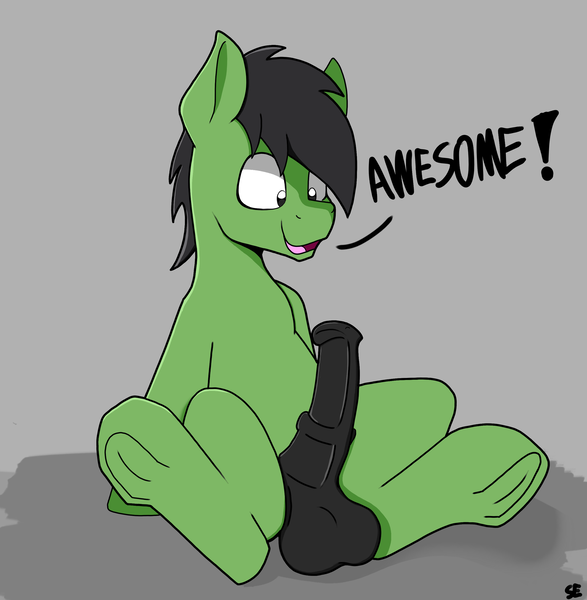 Size: 2626x2686 | Tagged: explicit, artist:sefastpone, derpibooru import, oc, oc:anon stallion, unofficial characters only, earth pony, pony, awesome, balls, digital art, horsecock, image, male, no iris, nudity, penis, png, presenting, sefast's anon, sitting, solo, solo male, speech bubble, stallion