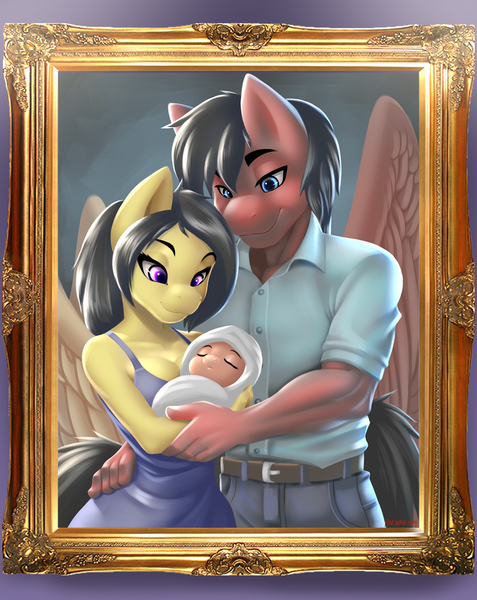 Size: 980x1232 | Tagged: safe, alternate version, artist:pakwan008, derpibooru import, oc, anthro, pegasus, baby, bedroom eyes, breasts, bust, clothes, commission, cuddling, detailed background, digital art, eyes closed, family, female, frame, husband and wife, image, jpeg, male, pants, pegasus oc, portrait, shirt, straight, tail, thighs, wide hips, wings