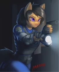 Size: 780x957 | Tagged: safe, artist:pakwan008, derpibooru import, oc, unofficial characters only, anthro, earth pony, aiming, body armor, clothes, commission, cosplay, costume, detailed background, digital art, female, fingerless gloves, gloves, gun, handgun, image, jpeg, light, police officer, police uniform, resident evil, solo, weapon