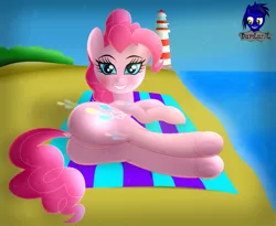 Size: 5075x4154 | Tagged: safe, artist:damlanil, derpibooru import, pinkie pie, earth pony, pony, beach, beach towel, blushing, butt, cute, diapinkes, dock, female, forest, glowing cutie mark, happy, image, lighthouse, looking at you, lying down, mare, ocean, plot, png, sand, show accurate, smiling, solo, tail, towel, tree, underhoof, vector, water