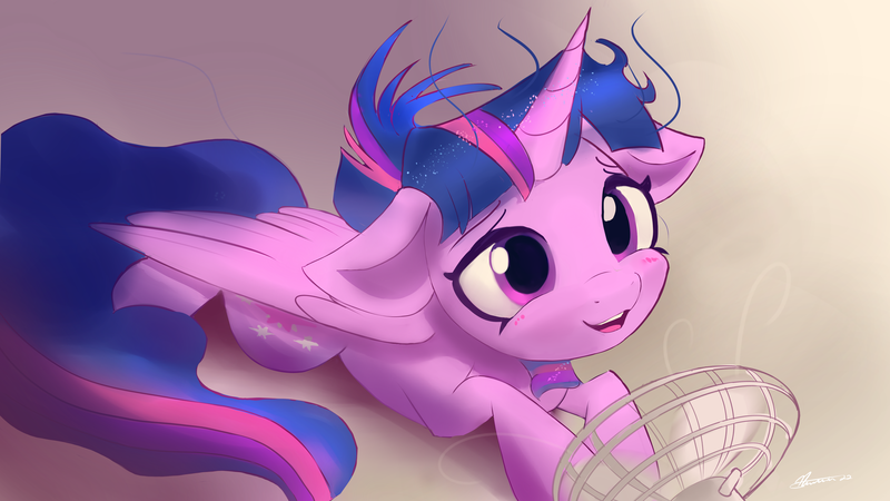 Size: 4038x2271 | Tagged: safe, artist:auroriia, banned from derpibooru, deleted from derpibooru, derpibooru import, twilight sparkle, twilight sparkle (alicorn), alicorn, pony, blushing, cute, fan, female, floppy ears, gradient background, happy, horn, image, looking forward, lying down, mare, multicolored mane, multicolored tail, open mouth, open smile, png, prone, purple coat, purple eyes, signature, smiling, solo, sparkly mane, twiabetes, watermarkless, wind, windswept mane