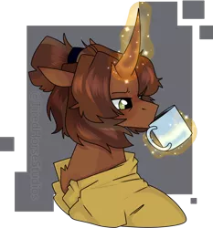 Size: 1122x1202 | Tagged: safe, artist:tired-horse-studios, derpibooru import, oc, pony, unicorn, bust, clothes, coffee mug, female, image, magic, mare, mug, png, portrait, shirt, solo