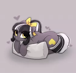 Size: 1654x1595 | Tagged: safe, artist:_alixxie_, derpibooru import, oc, earth pony, pony, bow, female, gray background, hair bow, image, jpeg, lying down, mare, pillow, prone, simple background, solo