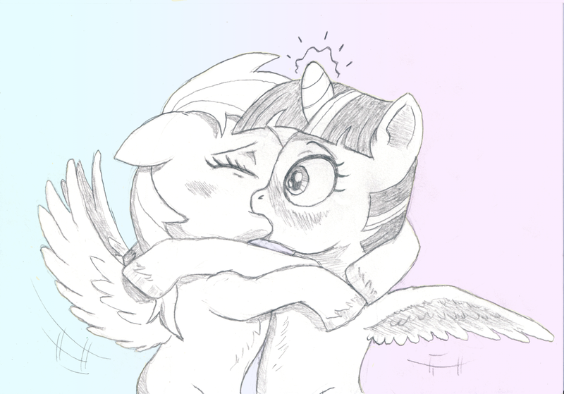 Size: 1969x1375 | Tagged: safe, artist:friendshipishorses, derpibooru import, rainbow dash, twilight sparkle, twilight sparkle (alicorn), alicorn, pony, atg 2022, female, image, kissing, lesbian, magic, newbie artist training grounds, png, shipping, spread wings, twidash, wingboner, wings