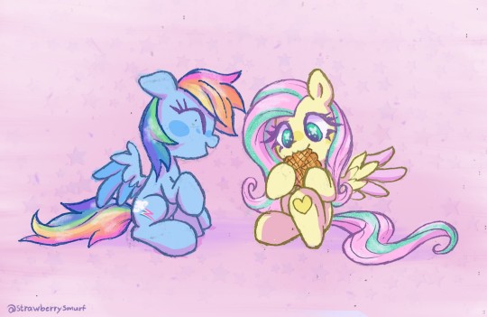 Size: 540x351 | Tagged: safe, artist:flutterberrypie, derpibooru import, fluttershy, rainbow dash, pegasus, :3, ^^, alternate hair color, blushing, colored wings, eyes closed, female, flutterdash, food, frog (hoof), image, jpeg, lesbian, nom, open mouth, open smile, purple background, raised hoof, shipping, simple background, smiling, spread wings, two toned wings, underhoof, waffle, wings