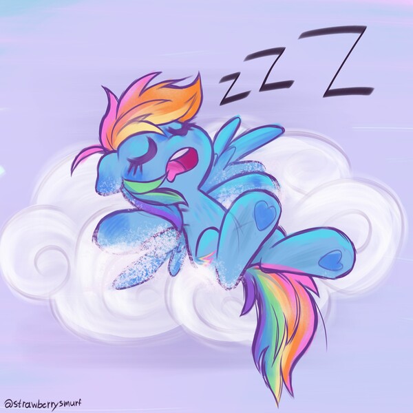 Size: 2000x2000 | Tagged: safe, artist:flutterberrypie, derpibooru import, rainbow dash, pegasus, pony, cloud, female, frog (hoof), heart, heart hoof, image, jpeg, lying down, lying on a cloud, on a cloud, onomatopoeia, purple background, simple background, sleeping, sleepydash, sound effects, spread wings, underhoof, wings, zzz