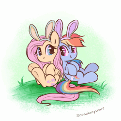 Size: 640x640 | Tagged: safe, artist:flutterberrypie, derpibooru import, fluttershy, rainbow dash, pegasus, pony, animated, bunny ears, c:, cute, daaaaaaaaaaaw, easter, gif, grass, holiday, image, looking at each other, looking at someone, simple background, sitting, smiling