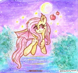 Size: 1561x1453 | Tagged: safe, artist:flutterberrypie, derpibooru import, fluttershy, bat pony, >:), apple, bat ponified, bush, female, flutterbat, flying, food, image, jpeg, moon, race swap, raised hoof, solo, species swap, spread wings, stars, traditional art, watercolor painting, wings