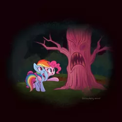 Size: 800x800 | Tagged: safe, artist:flutterberrypie, derpibooru import, pinkie pie, rainbow dash, earth pony, pegasus, pony, friendship is magic, dark, duo, everfree forest, hoof over mouth, image, jpeg, laughing, laughter song, scary face, smiling, tree