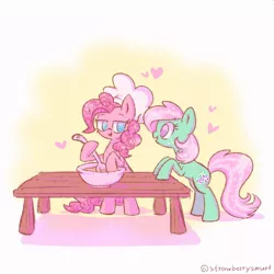 Size: 800x800 | Tagged: safe, artist:flutterberrypie, derpibooru import, minty, pinkie pie, earth pony, pony, baking, bedroom eyes, bowl, chef's hat, female, g3, hat, heart, hooves on the table, image, jpeg, ladle, lesbian, looking at each other, looking at someone, mintypie, mixing bowl, raised eyebrows, shipping, smiling, smiling at each other, table