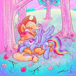 Size: 800x800 | Tagged: safe, artist:flutterberrypie, derpibooru import, applejack, rainbow dash, earth pony, pegasus, pony, apple, appledash, colorful, female, flower, food, grass, image, jpeg, lesbian, looking at each other, looking at someone, lying down, lying on top of someone, shipping, smiling, spread wings, sweet apple acres, tree, twig, wings