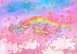 Size: 2047x1447 | Tagged: safe, artist:flutterberrypie, derpibooru import, fluttershy, rainbow dash, pegasus, pony, cloud, duo, flying, image, jpeg, looking at each other, looking at someone, rainbow, stars, traditional art, watercolor painting, wind, windswept mane
