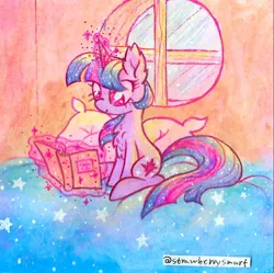 Size: 1030x1024 | Tagged: safe, artist:flutterberrypie, derpibooru import, twilight sparkle, pony, unicorn, bed, book, chest fluff, female, image, jpeg, levitation, magic, pillow, reading, smiling, solo, telekinesis, traditional art, unicorn twilight, window