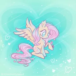 Size: 800x800 | Tagged: safe, artist:flutterberrypie, derpibooru import, fluttershy, insect, ladybug, pony, female, heart, image, jpeg, looking down, raised hoof, simple background, smiling, solo, spread wings, teal background, wings