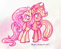 Size: 1132x912 | Tagged: safe, artist:flutterberrypie, derpibooru import, applejack, fluttershy, earth pony, pegasus, appleshy, duo, female, image, jpeg, lesbian, looking at each other, looking at someone, shipping, smiling, traditional art