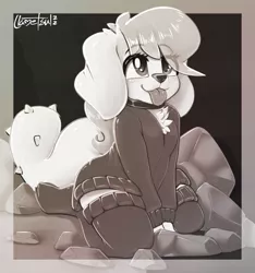 Size: 948x1012 | Tagged: safe, artist:llametsul, derpibooru import, fluttershy, diamond dog, :p, atg 2022, black and white, blushing, chest fluff, clothes, collar, cute, ear fluff, female, female diamond dog, floppy ears, grayscale, image, kneeling, monochrome, newbie artist training grounds, png, signature, smiling, socks, solo, species swap, stockings, sweater, thigh highs, tongue out