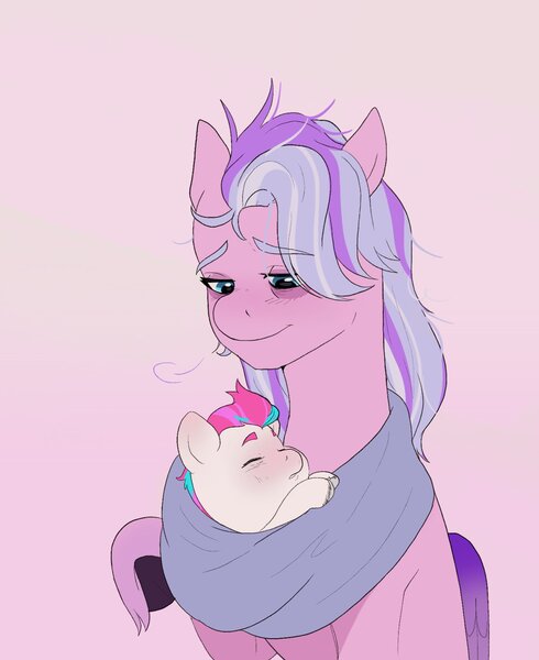 Size: 1382x1692 | Tagged: safe, artist:aztrial, derpibooru import, queen haven, zipp storm, pegasus, pony, adorazipp, bags under eyes, cute, female, filly, filly zipp storm, g5, image, jpeg, messy mane, mother and child, mother and daughter, sleeping, tired, unshorn fetlocks, younger