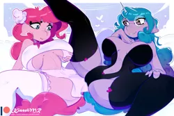 Size: 2400x1600 | Tagged: suggestive, artist:kisselmr, derpibooru import, izzy moonbow, pinkie pie, anthro, earth pony, pony, unicorn, advertisement, breasts, busty izzy moonbow, busty pinkie pie, female, females only, g4, g5, image, patreon, patreon logo, png