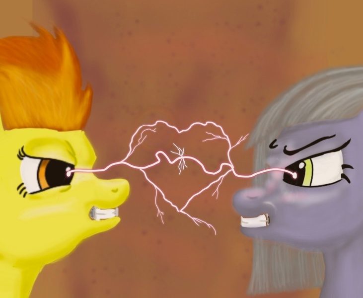 Size: 1280x1051 | Tagged: safe, artist:short tale, derpibooru import, limestone pie, spitfire, earth pony, pegasus, angry, cover, digital art, female, heart, image, jpeg, lesbian, lightning, love, sand, shipping, storm