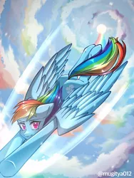 Size: 768x1024 | Tagged: safe, artist:mugitya012, derpibooru import, rainbow dash, pegasus, pony, cloud, female, flying, image, jpeg, looking at you, mare, rainbow, sky, solo, sun, wings