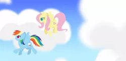 Size: 1569x762 | Tagged: safe, artist:namaenonaipony, derpibooru import, fluttershy, rainbow dash, pegasus, pony, cloud, duo, duo female, female, flying, image, jpeg, mare, no pupils, profile, sky, wings