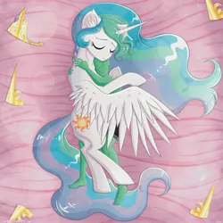 Size: 4000x4000 | Tagged: safe, artist:darkest-lunar-flower, derpibooru import, princess celestia, oc, oc:anon, hug, image, jpeg, lying down, winghug, wings