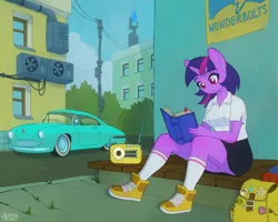 Size: 2000x1600 | Tagged: safe, artist:asimos, derpibooru import, twilight sparkle, anthro, plantigrade anthro, unicorn, backpack, book, car, clothes, female, image, png, radio, reading, shoes, skirt, socks, student, unicorn twilight