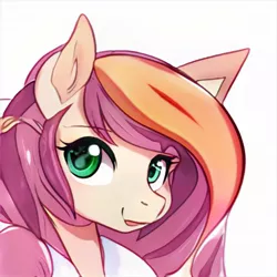 Size: 1024x1024 | Tagged: safe, artist:thisponydoesnotexist, derpibooru import, machine learning generated, oc, unofficial characters only, pony, abstract background, bust, cyan eyes, green eyes, image, jpeg, neural network, orange mane, pink mane, portrait, smiling, solo