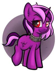 Size: 2194x2762 | Tagged: safe, artist:dumbwoofer, derpibooru import, oc, oc:ilygredd, goo, goo pony, original species, pony, unicorn, fallout equestria, bomb collar, collar, female, image, looking at you, mare, png, raised eyebrow, simple background, slave, slave collar, smiling, smiling at you, solo, tail