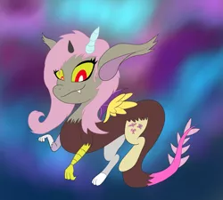 Size: 2000x1800 | Tagged: safe, artist:starscatterart, derpibooru import, fluttershy, draconequus, abstract background, atg 2022, draconequified, flutterequus, image, newbie artist training grounds, png, psychedelic, snaggletooth, solo, species swap