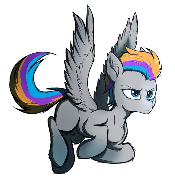 Size: 1950x2048 | Tagged: safe, artist:tatykin, derpibooru import, oc, oc:pixel codec, unofficial characters only, pegasus, pony, flying, gradient hooves, image, jpeg, male, simple background, solo, spread wings, stallion, white background, wings