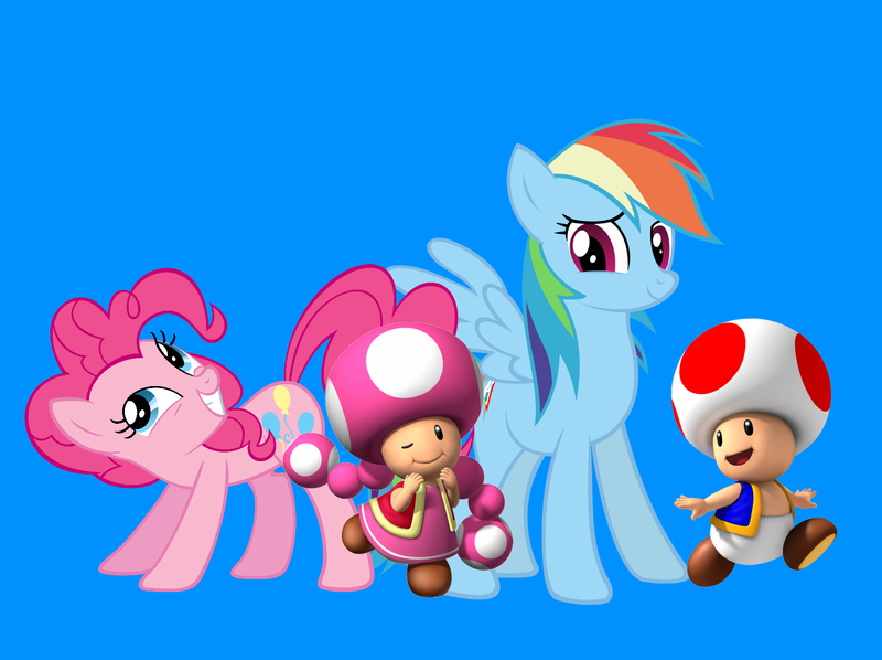 Size: 1707x1276 | Tagged: safe, derpibooru import, edit, pinkie pie, rainbow dash, earth pony, pegasus, pony, blue background, crossover, crossover shipping, cute, dashabetes, diapinkes, female, g4, image, lesbian, male, mare, png, rainbow toad, shipping, simple background, straight, super mario bros., toad (mario bros), toadette, toadette pie