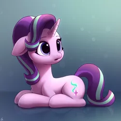 Size: 2000x2000 | Tagged: safe, artist:luminousdazzle, derpibooru import, starlight glimmer, pony, unicorn, :o, cute, female, floppy ears, g4, glimmerbetes, image, lying down, mare, multicolored mane, open mouth, png, prone, simple background, solo