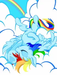 Size: 960x1280 | Tagged: safe, artist:stacy_165cut, derpibooru import, rainbow dash, pegasus, pony, cloud, eyes closed, female, image, jpeg, lying down, lying on a cloud, mare, on a cloud, on back, rainbow, sky, solo, spread wings, wings