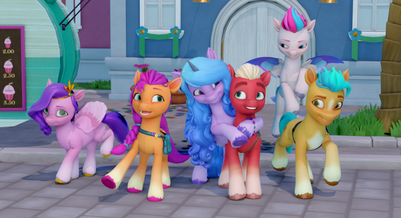 Size: 889x485 | Tagged: safe, artist:malarkey, derpibooru import, hitch trailblazer, izzy moonbow, pipp petals, sprout cloverleaf, sunny starscout, zipp storm, earth pony, pegasus, pony, unicorn, 3d, blender, female, g5, group, hug, image, looking at each other, looking at someone, male, mane five (g5), mare, maretime bay, my little pony: a maretime bay adventure, new mane six (g5), png, stallion
