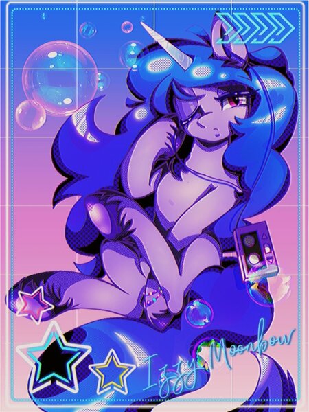 Size: 960x1280 | Tagged: safe, artist:stacy_165cut, derpibooru import, izzy moonbow, pony, unicorn, bracelet, bubble, cassette player, cassette tape, earbuds, female, g5, gradient background, horn, image, jewelry, jpeg, looking at you, mare, one eye closed, solo, stars