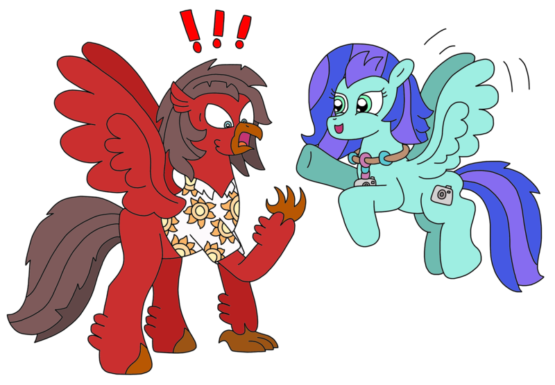 Size: 2976x2064 | Tagged: safe, artist:supahdonarudo, derpibooru import, oc, oc:ironyoshi, oc:sea lilly, unofficial characters only, classical hippogriff, hippogriff, pegasus, camera, clothes, exclamation point, flying, hippogriffied, image, jewelry, necklace, newbie artist training grounds, png, raised hoof, shirt, shocked, simple background, species swap, transparent background