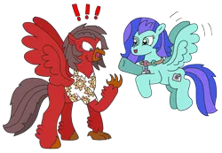 Size: 2976x2064 | Tagged: safe, artist:supahdonarudo, derpibooru import, oc, oc:ironyoshi, oc:sea lilly, unofficial characters only, classical hippogriff, hippogriff, pegasus, camera, clothes, exclamation point, flying, hippogriffied, image, jewelry, necklace, newbie artist training grounds, png, raised hoof, shirt, shocked, simple background, species swap, transparent background