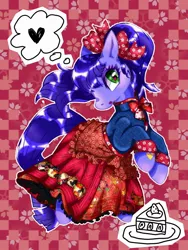 Size: 960x1280 | Tagged: safe, artist:stacy_165cut, derpibooru import, kimono, earth pony, pony, bow, cake, cake slice, clothes, dress, female, food, g3, hair bow, heart, image, jpeg, mare, plate, solo, thought bubble