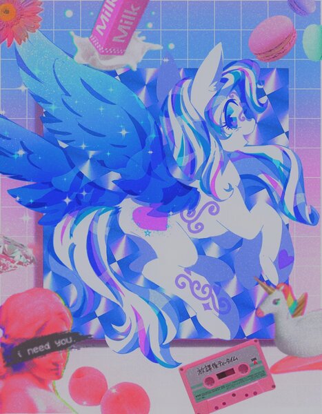 Size: 1452x1865 | Tagged: safe, artist:stacy_165cut, derpibooru import, star catcher, pegasus, pony, cassette tape, diamond, female, flower, food, g3, image, japanese, jpeg, looking at you, looking back, looking back at you, mare, milk, moon runes, open mouth, solo, spread wings, wings