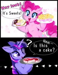 Size: 1455x1870 | Tagged: safe, artist:stacy_165cut, derpibooru import, pinkie pie, twilight sparkle, earth pony, pony, unicorn, ambiguous race, bipedal, cupcake, dialogue, donut, duo, duo female, exclamation point, female, food, hoof hold, horn, image, jpeg, looking at you, mare, meat, omnivore twilight, open mouth, open smile, plate, ponies eating meat, question mark, smiling, smiling at you, speech bubble, steak, unicorn twilight