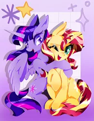 Size: 1455x1870 | Tagged: safe, artist:stacy_165cut, derpibooru import, amethyst star, sunset shimmer, twilight sparkle, twilight sparkle (alicorn), alicorn, pony, unicorn, duo, duo female, female, gradient background, horn, hug, image, jpeg, looking at you, mare, one eye closed, open mouth, open smile, partially open wings, purple background, raised hoof, simple background, sitting, smiling, smiling at you, stars, wings