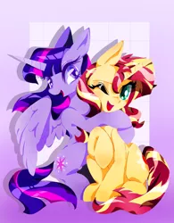 Size: 1455x1870 | Tagged: safe, alternate version, artist:stacy_165cut, derpibooru import, sunset shimmer, twilight sparkle, twilight sparkle (alicorn), alicorn, pony, unicorn, duo, duo female, female, gradient background, horn, hug, image, jpeg, looking at you, mare, one eye closed, open mouth, open smile, partially open wings, purple background, raised hoof, simple background, sitting, smiling, smiling at you, wings