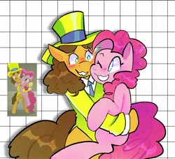 Size: 1449x1317 | Tagged: safe, artist:stevetwisp, derpibooru import, screencap, cheese sandwich, pinkie pie, earth pony, pony, the last laugh, :3, bipedal, blushing, carrying, cheesepie, clothes, female, happy, hat, image, jpeg, male, one eye closed, scene interpretation, shipping, smiling, straight, suit, top hat, wavy mouth, wink