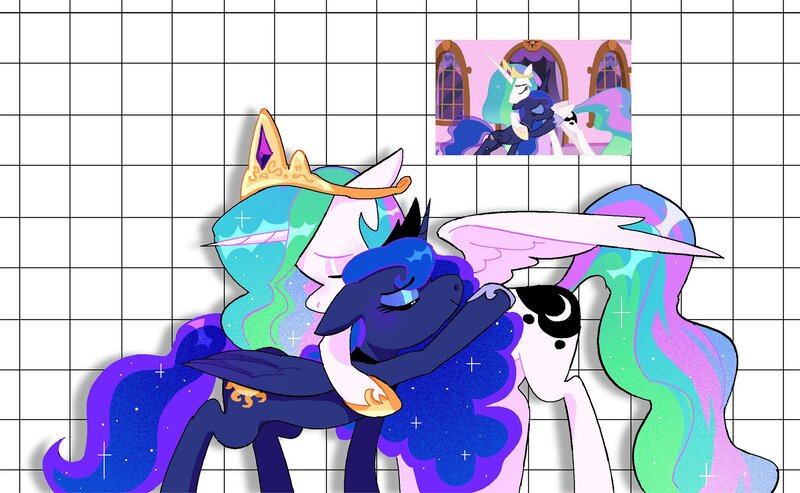 Size: 1947x1200 | Tagged: safe, artist:stevetwisp, derpibooru import, screencap, princess celestia, princess luna, alicorn, pony, a royal problem, eyes closed, floppy ears, hug, image, jpeg, nuzzling, scene interpretation, smiling, spread wings, swapped cutie marks, wings