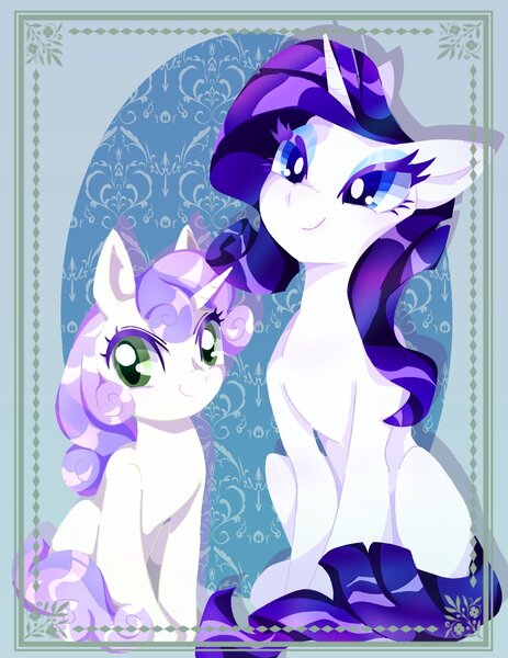 Size: 1439x1863 | Tagged: safe, artist:stacy_165cut, derpibooru import, rarity, sweetie belle, pony, unicorn, duo, duo female, eyeshadow, female, filly, foal, horn, image, jpeg, makeup, mare, siblings, sisters, sitting